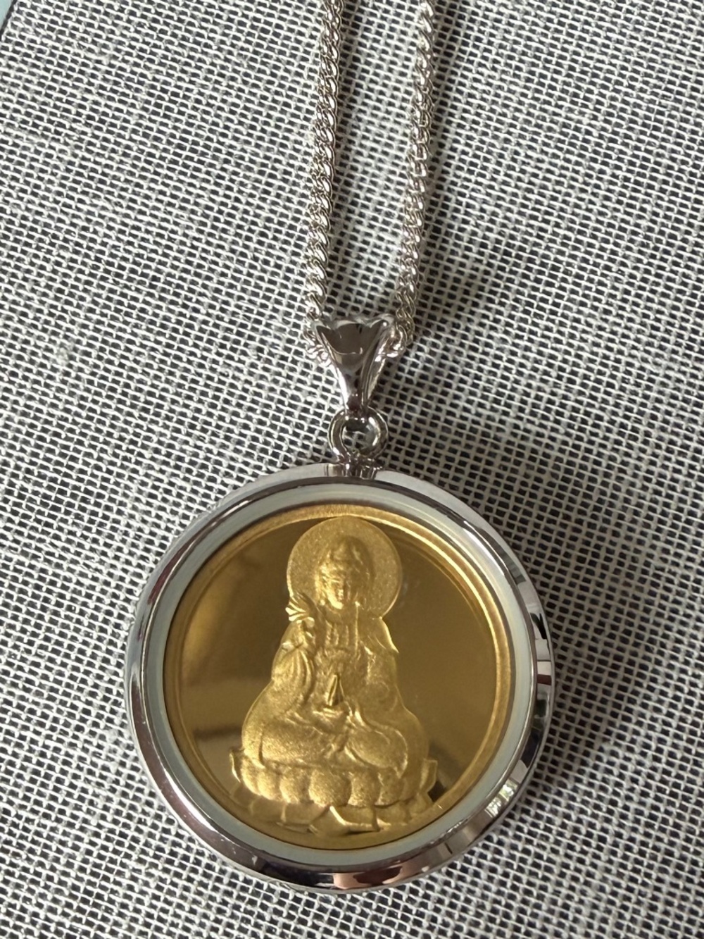 Sterling Silver & Gold Vermeil Guanyin Pendant Necklace | Buddhist Medal